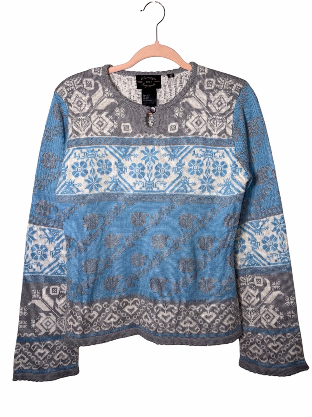 Obermeyer Vintage Y2K Nordic Fair Isle Wool Blend Ski Sweater Blue Gray Medium
